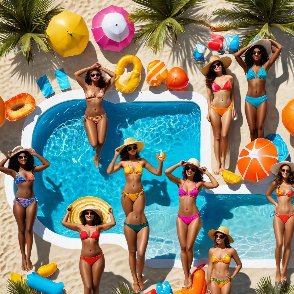 A vibrant beach scene transitioning into a lively poolside party, showcasing a variety of stylish bikinis on diverse models of different body types. The left features golden sandy beaches with waves and palm trees, while the right displays a colorful pool with floaties and tropical drinks. Include bright sun hats, beach towels, and summer accessories to enhance the festive atmosphere. super-realistic. vibrant colors. summertime vibes.